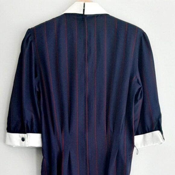NINA RICCI Retro Maxi Length Long Pin-Stripe Dress White Collar Navy Blue Sz 12 - Picture 6 of 16